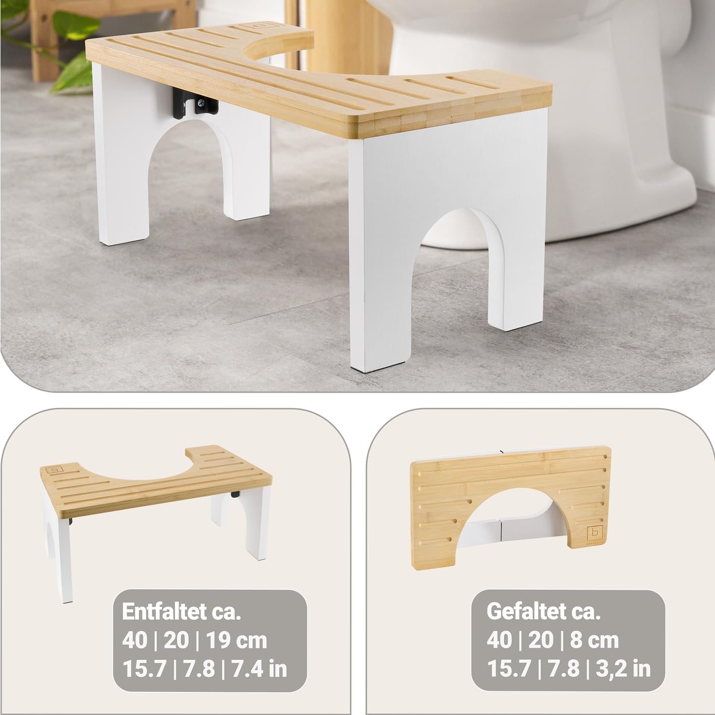 BENKSTEIN Toilettenhocker Erwachsene - Holz - Klohocker - Toilette Bambus - Tritthocker - klappbar - WC Hocker