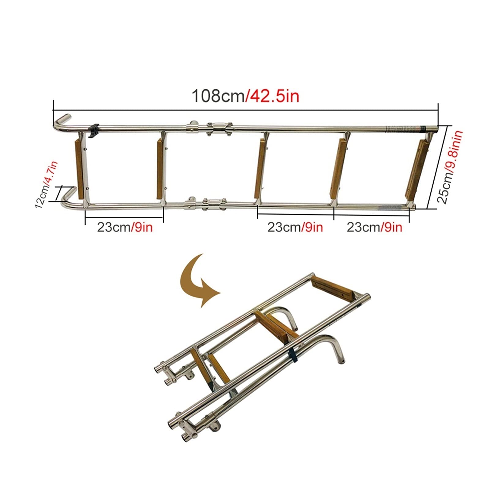 Pontoons Scaletta per Barche Pieghevole con piolo in Legno, Scaletta per Imbarco a Poppa Marina a 5 Gradini, per Gommone/Piscina/Ponte, Carico: 150 kg