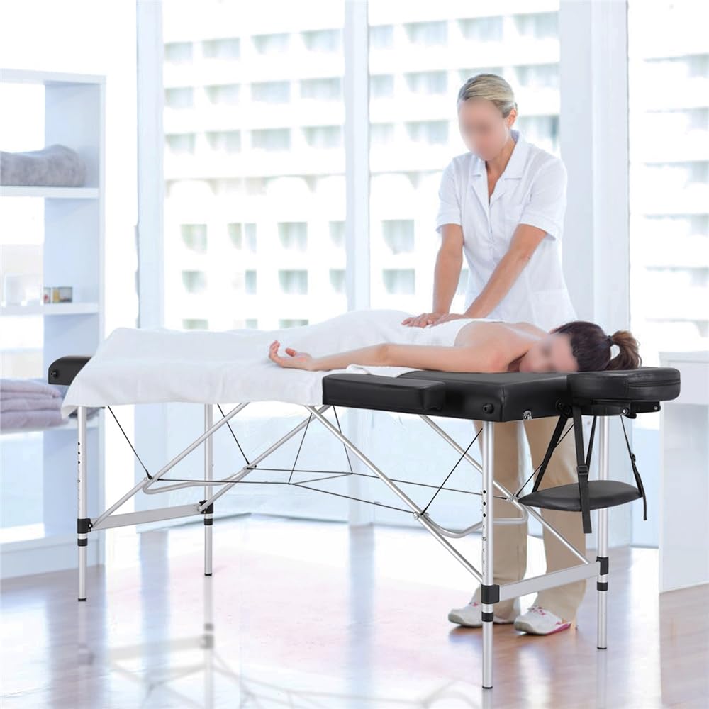 Yaheetech Lettino da Massaggio Pieghevole Portatile Professionale a 2 Zone Alluminio per Fisioterapia Portata 250 kg Altezza Regolabile Poggiatesta e Briaccioli Rimovibili con Borsa 213 x 60 cm Nero