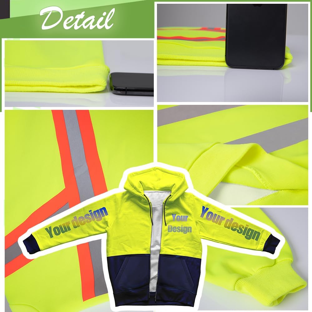 YOWESHOP High Visibility Safety Jacket Hoodie Customize Your Logo Hi-Vis Workwear with Pocket and Zipper - Image 4