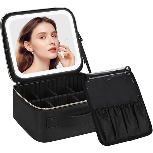 Chomeiu Makeup Bag with LED Mirror, Travel Makeup Case for Women and Makeup Artists Cosmetic Organizer Large Make Up Bags with Light Up Mirror, 3 Color Lights, Adjustable Dividers and Brush Holder
