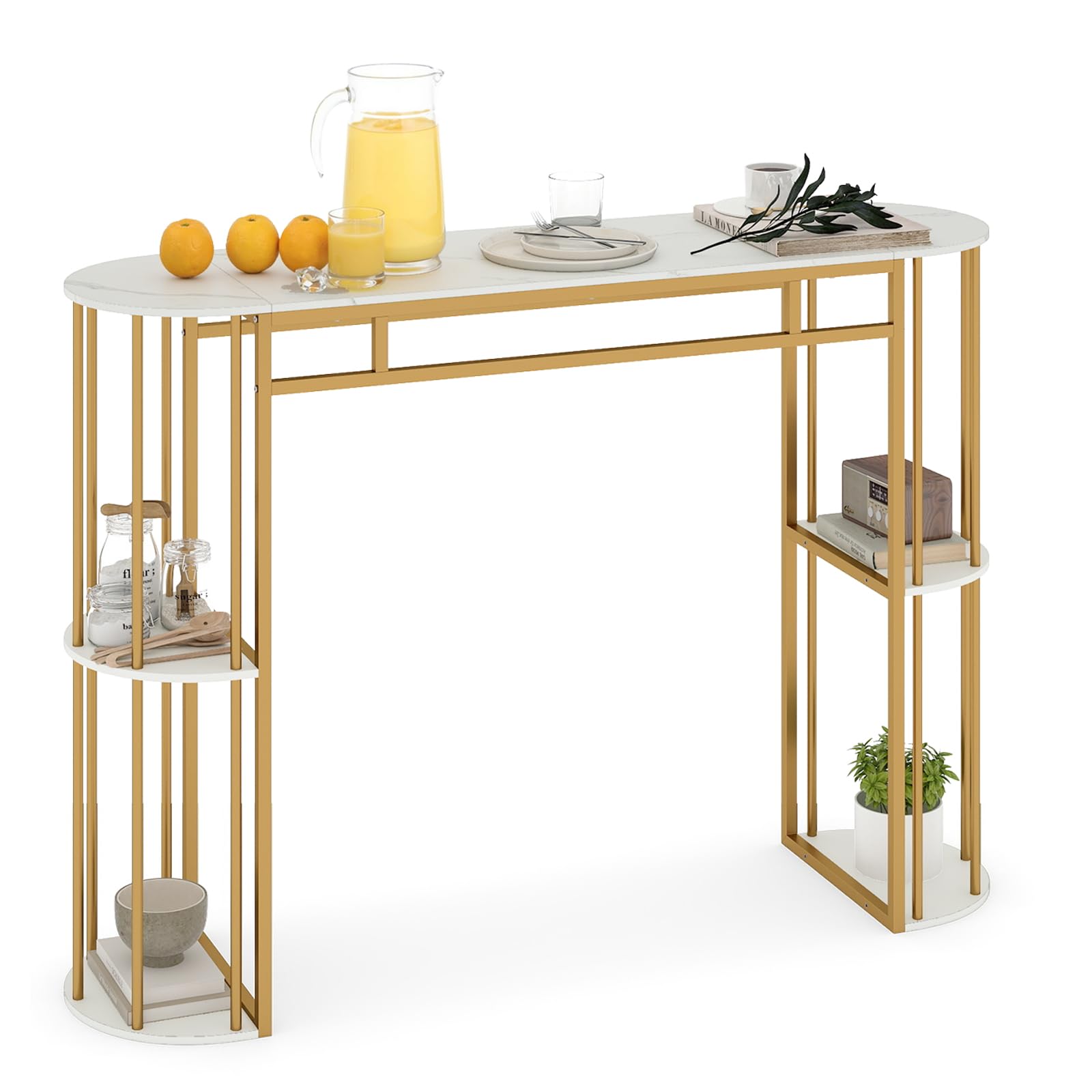 COSTWAY Mesa Alta de Cocina, Mesa Alta de Bar Rectangular con Estantes de Almacenamiento, Estructura Metálica, Encimera Efecto Mármol, Barra Estrecha para Cocina, Bar, 150x40x105 cm (Dorado y Blanco)