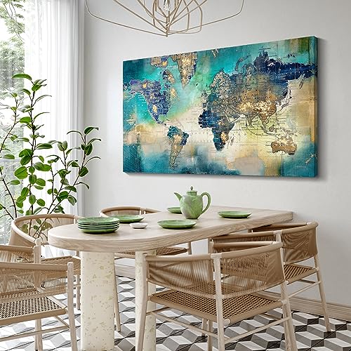 Image of Large World Map Canvas Prints Wall Art for Living Room Office 24x48 Green World Map Picture Artwork Decor for Home Decoration