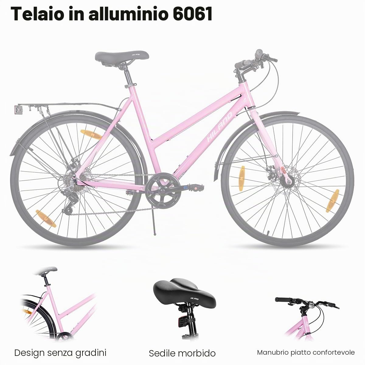 HILAND Bicicletta da Corsa 28 Pollici 700C, Bici da Città in Alluminio con Cambio a 7 Velocità e Freni a Disco, Bicicletta Urbana Confortevole per Uomo e Donna, Rosa