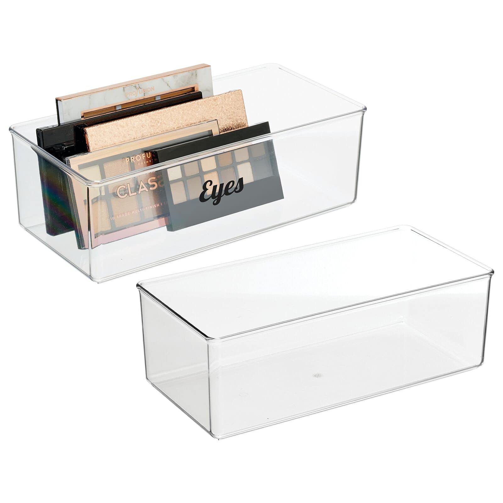 mDesign Slim Plastic Bathroom Vanity Countertop Storage Cosmetic Organizer Box - Holder for Makeup, Hair, Nail, Skincare, Beauty Supplies - Lumiere Collection - Includes 2 Bins, 32 Labels - Clear
