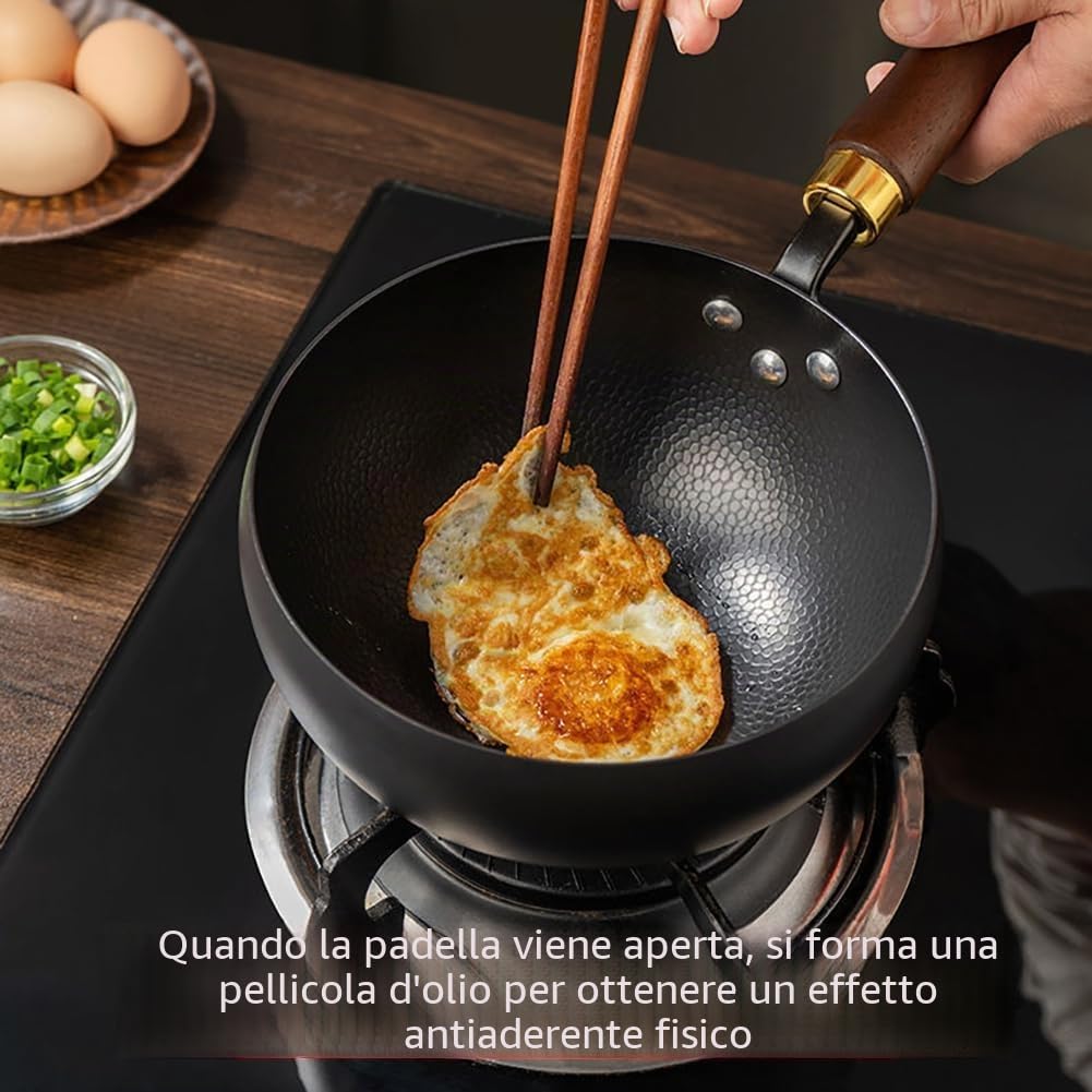 Generico Padella in ferro giapponese, Padella in ferro forgiato, 20/24/26/28/30 cm in ferros ad alta purezza, senza rivestimento con coperchios in legno/coperchio in vetro (Senza coperchio, 26CM)