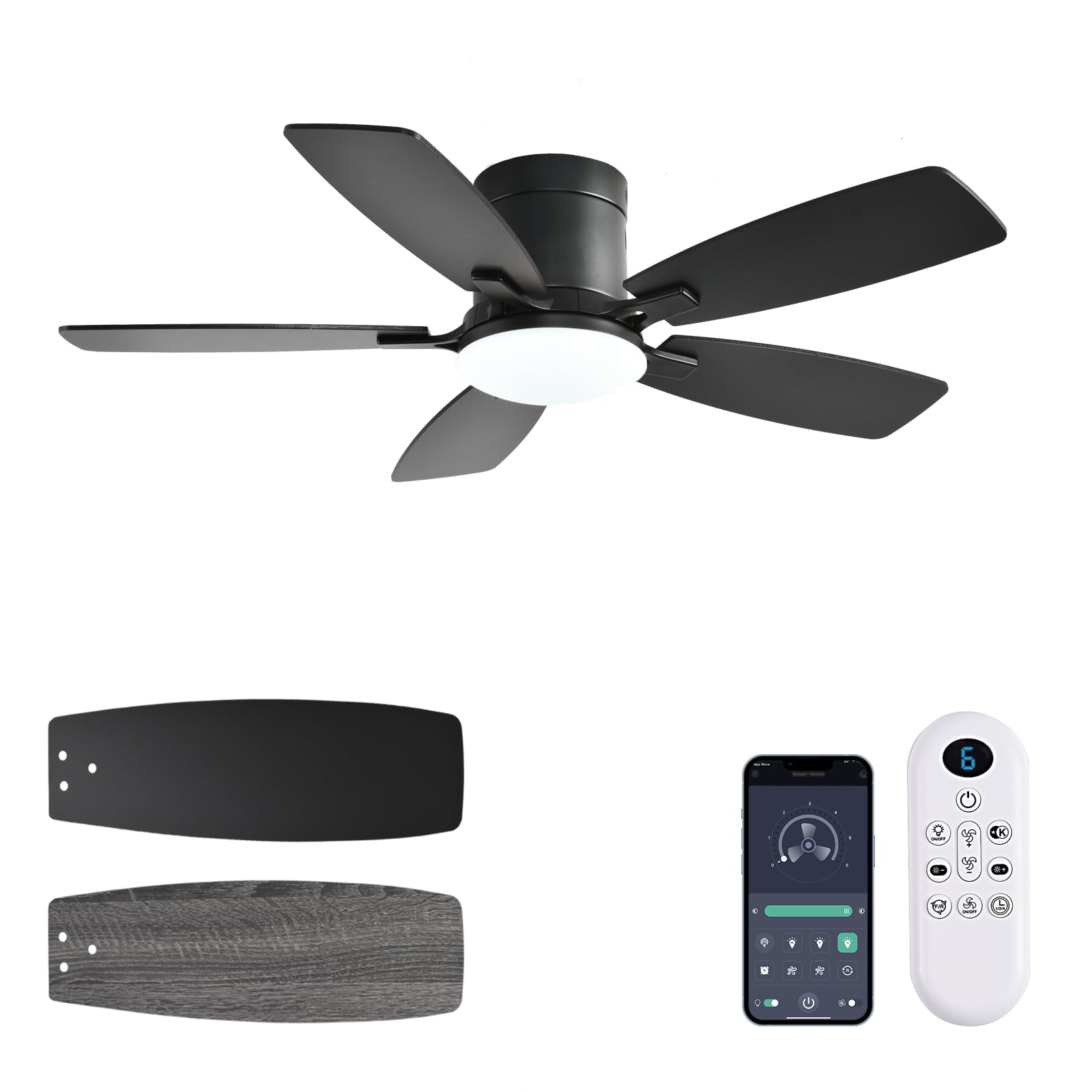 Ayaoty Ceiling Fans with Lights, 42 inch Low Profile Ceiling Fan with Light and Remote Control, Flush Mount, Reversible Motor, Dimmable, Noiseless,