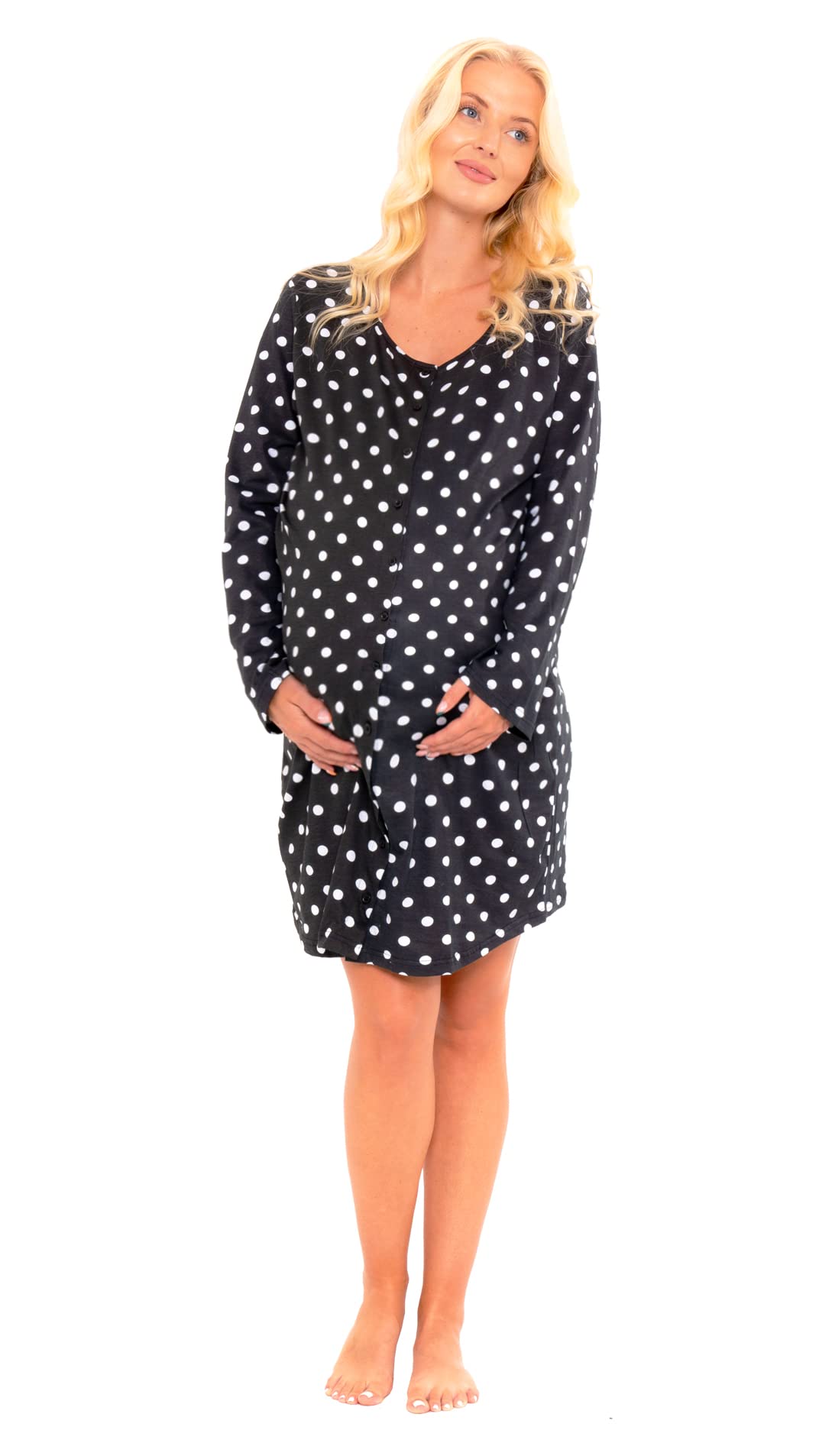 Nikaro Women's Black Nursing Nightie Buttton Down Long Sleeve Polka Dot Maternity Nightdress 100% Cotton (Black) 16-18