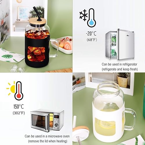 Miniatura 4 de Vaso de vidrio de 50 onzas con tapa de bambú y popote, botellas de agua de vidrio con funda de silicona, taza de café helado con asa, vasos para