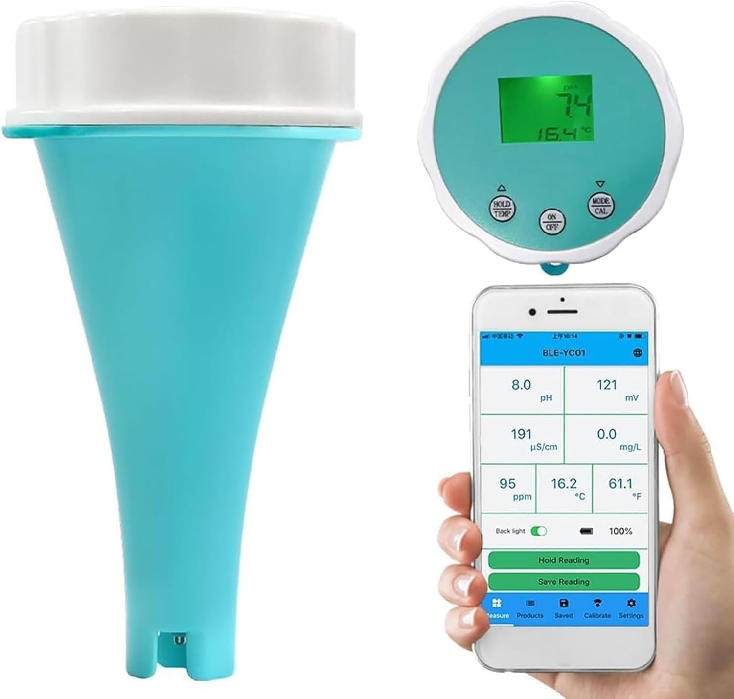 Tester Bluetooth for la qualità dell'Acqua, Monitor Galleggiante Wireless 6 in 1 for Piscine, misuratore di Temperatura Digitale PH EC TDS ORP, Impermeabile IP67, for Piscina, Acquario,