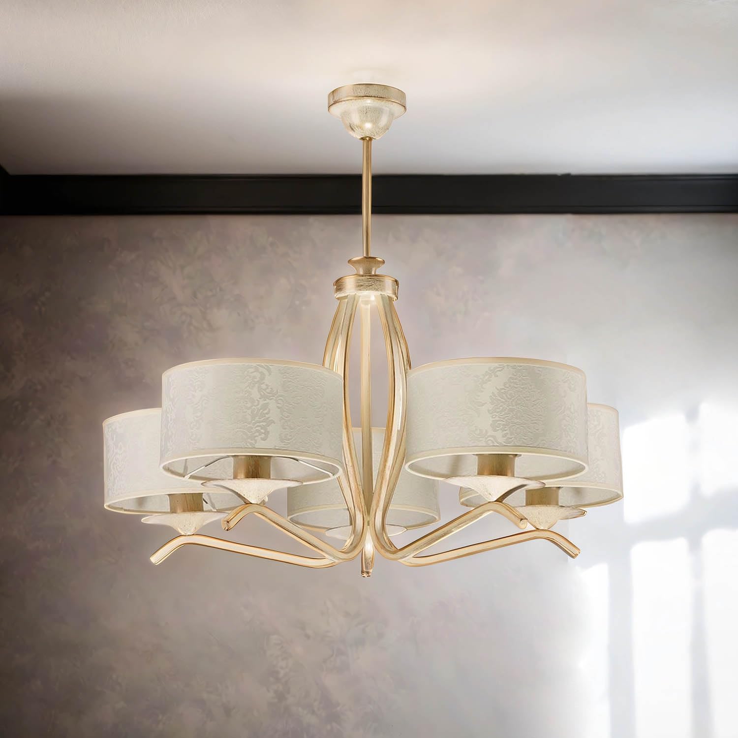 Licht-Erlebnisse Elegante Deckenlampe Shabby Gold Weiß Stoffschirm Ø66cm Esszimmer Wohnzimmer Deckenleuchte DAGNO
