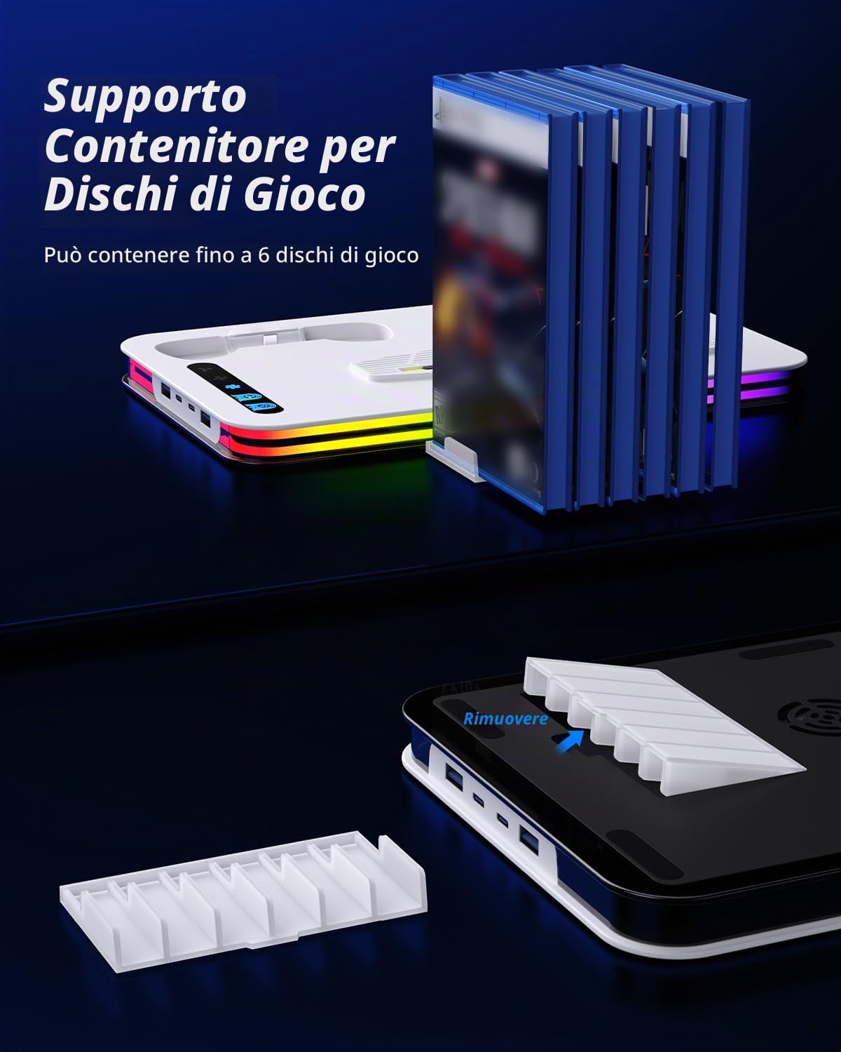 Supporto per PS5/PS5 Slim/PS5 Pro, P5 Verticale Supporto di Raffreddamento con 3 Livelli di Velocità e 8 Luci RGB P5 supporto Verticale con Caricatore Controller PS5, 6 Slot per Giochi
