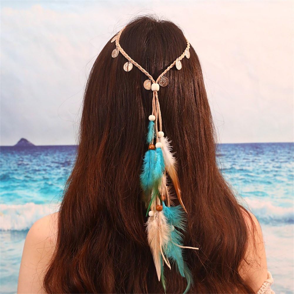JKQBUX Boho Feather Headband Hippie Headpiece Black Gypsy Costume Headdress Indian Feather Headwear Hair Accessory for Women - Image 2