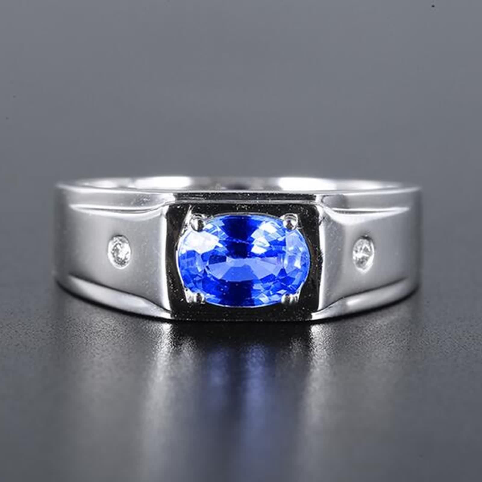 Anillos Oro 18K, Anillos de Compromiso para Hombre Azul 1.33 Kilates Zafiro Creado En Laboratorio Clásico Oro Blanco 750 con Moissanita Talla 8
