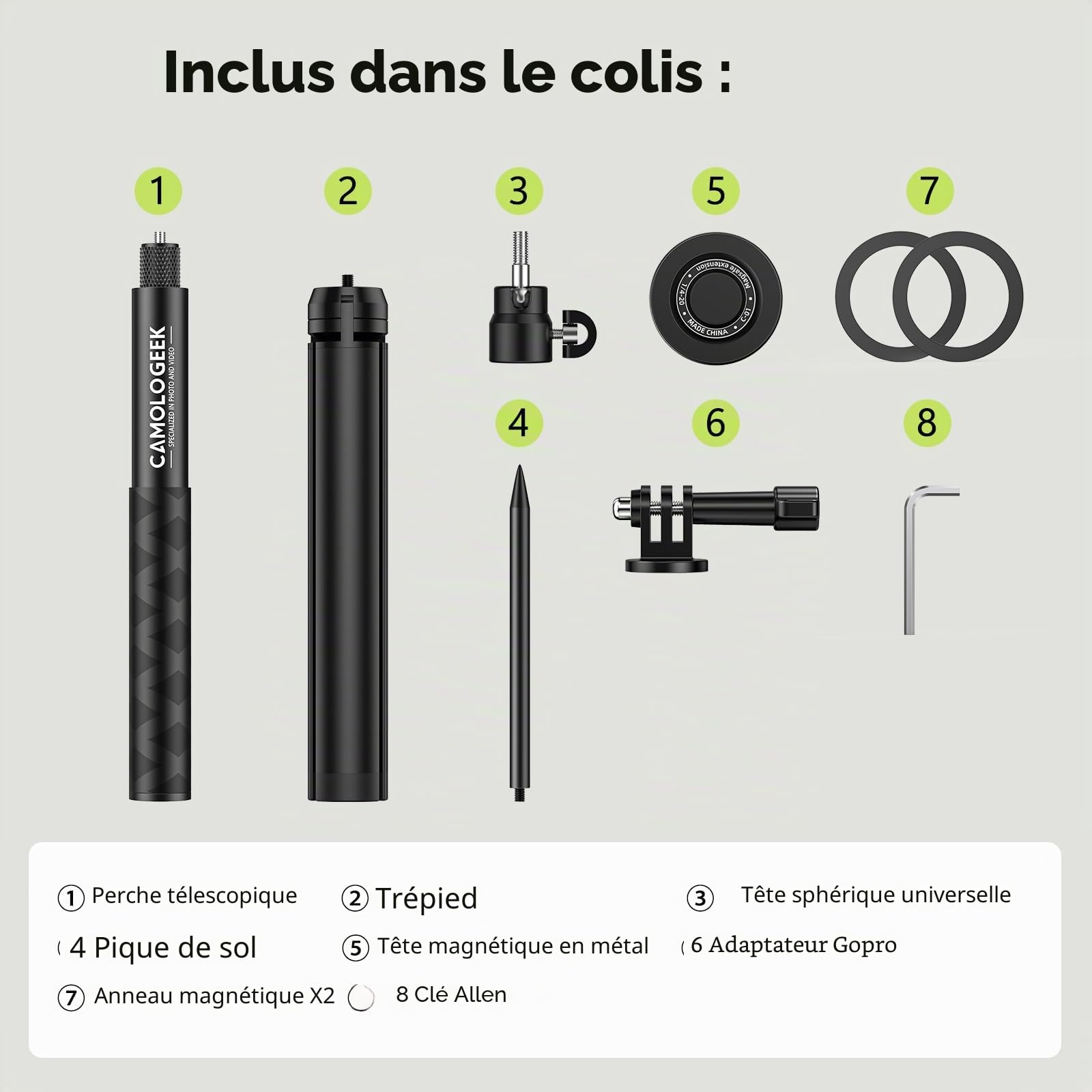 CAMOLOGEEK Monopode et trépied Perche à selfie pour enregistrer le golf Swing Entraînement Aide à l'entraînement avec piquet de terre et adaptateur pour GoPro et vis 6,35 mm, support magnétique de