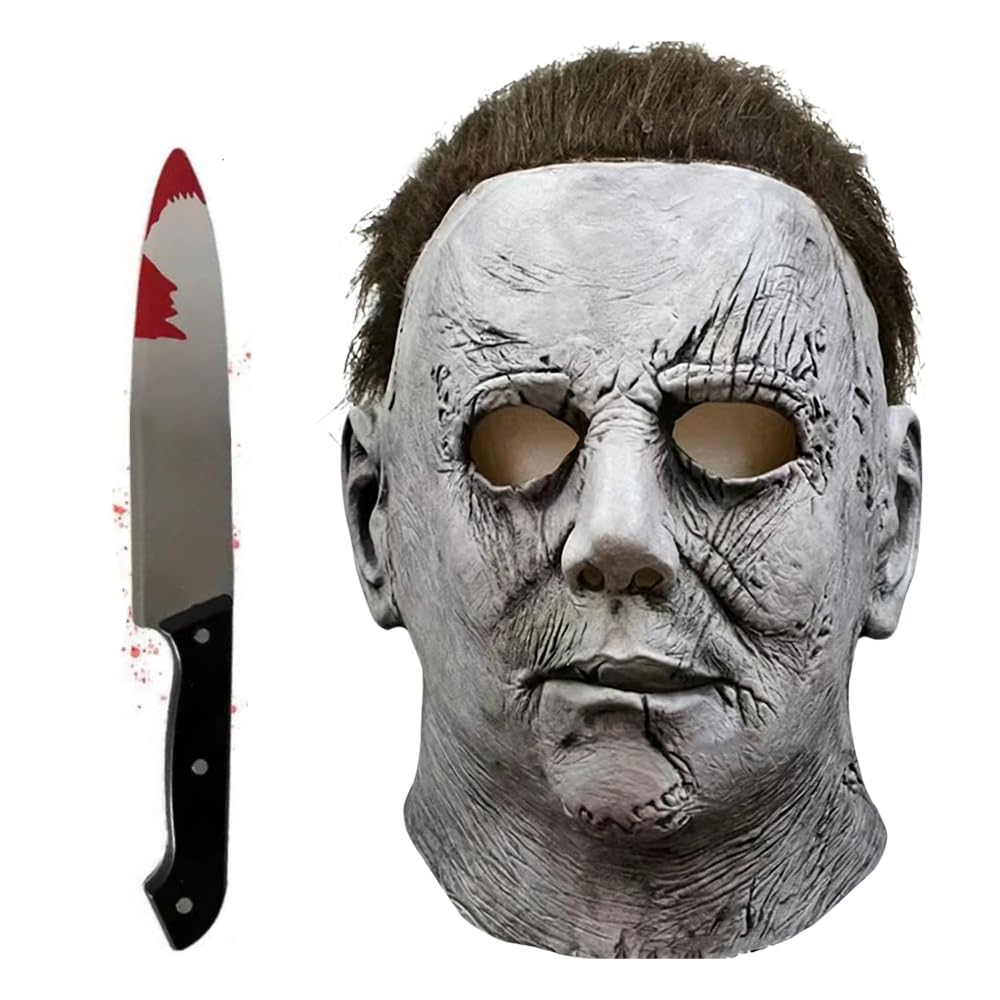 NKFBEV Michael Myers Masks, Halloween Horror Cosplay Costume Latex Props, Michael Myers Halloween Costume Mask with Hair & Toy Knives, Scary Horror Costume Mask for Adults Halloweens Cosplay (Classic)