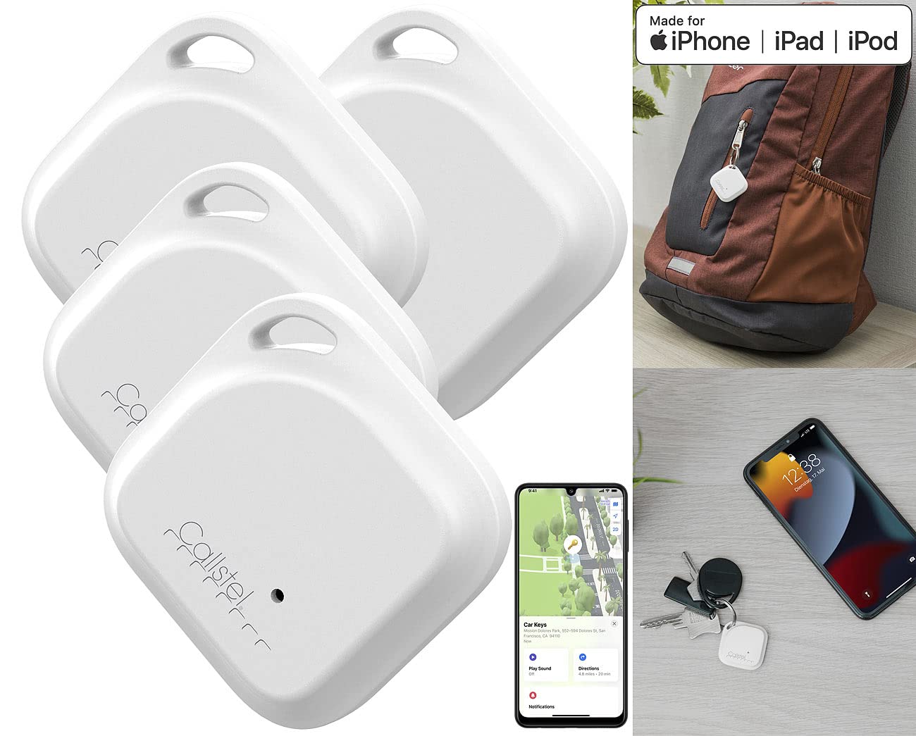 Callstel Ortungstracker: 4er-Set Schlüssel- & Gegenstandsfinder, Apple-AirTag-kompatibel, MFi (Schlüsselfinder Mini, Schlüsselbund-Finder, Koffer)