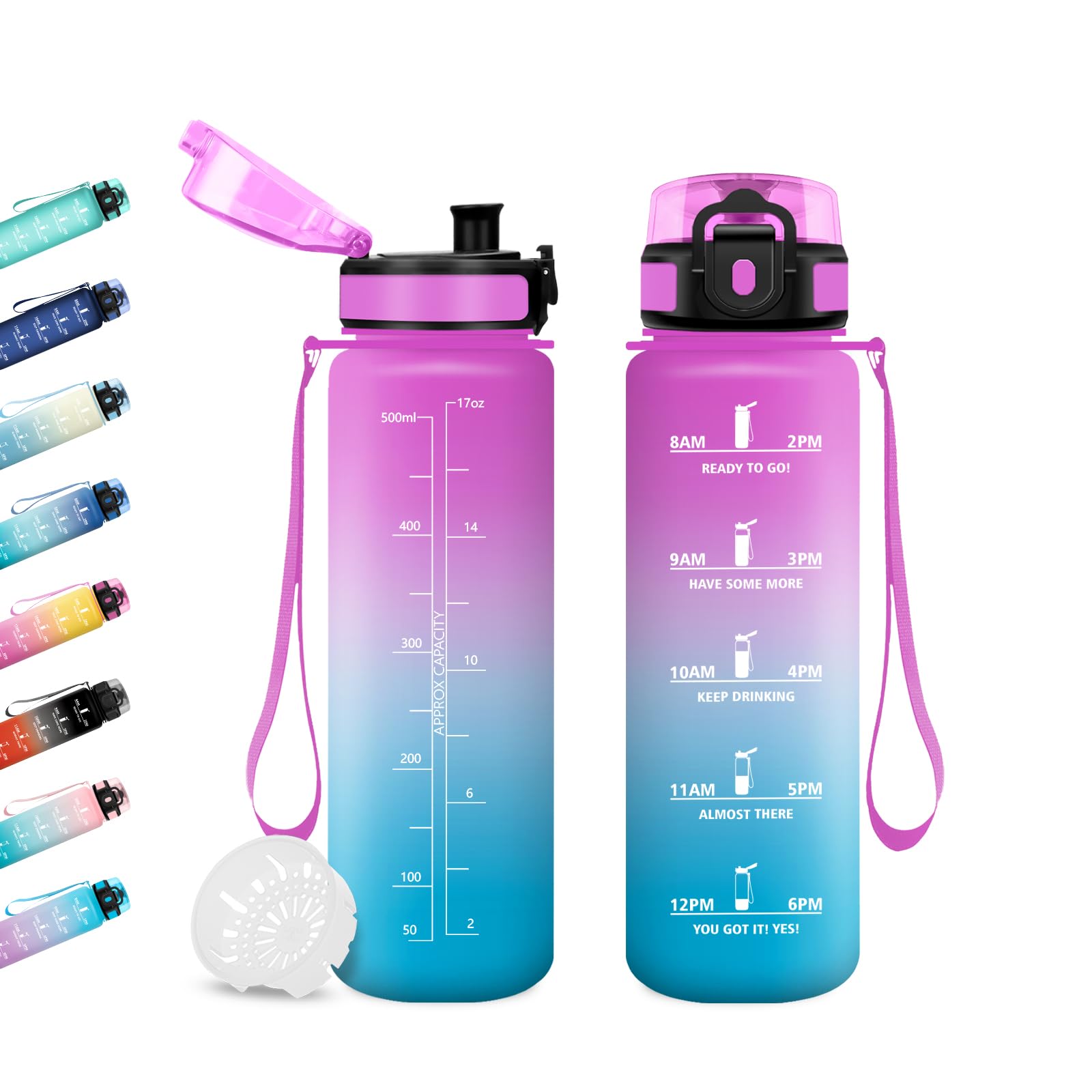 JAPORIA 500ml Water Bottle, Water Bottle with Filter and Time Markers, Reusable Bottle, Motivational Water Bottles for School, Office, Yoga
