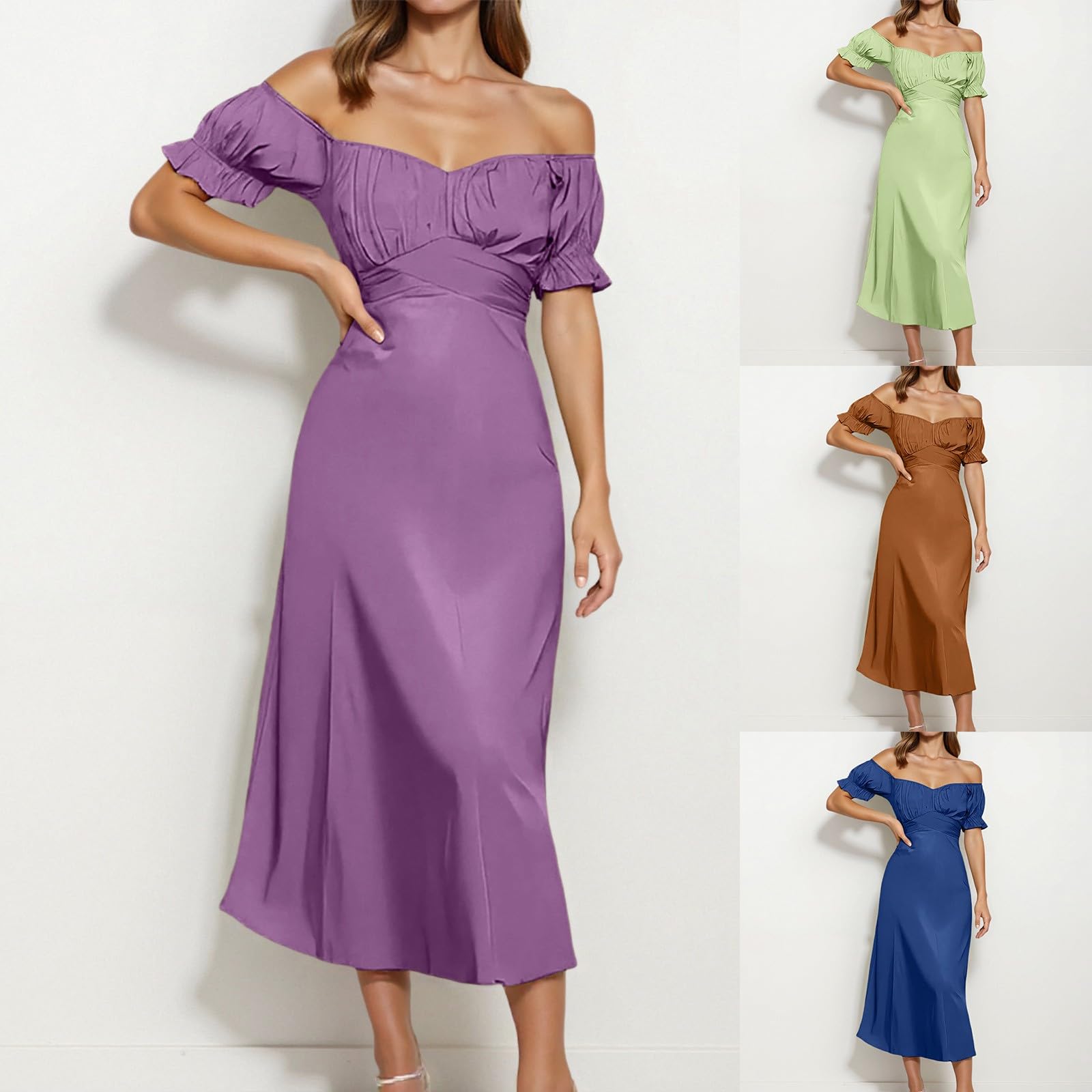 Vestido de satén para mujer, hombros descubiertos, elegante, vestido de verano, manga abullonada, vestido midi festivo con mangas de mariposa y ranura, cintura alta, vestido de cóctel