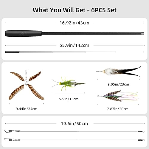 Miniatura 6 de uahpet Juguete de plumas naturales para gatos, juguete interactivo para gatitos de interior, juguete de caña de pescar para gatos de 60 pulgadas de