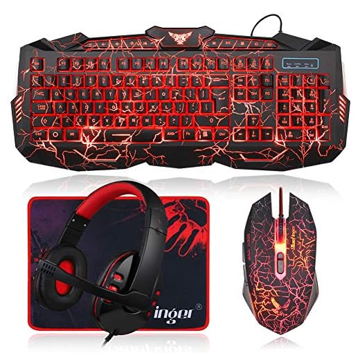 BlueFinger Gaming Keyboard Mouse Headset Combo,USB Wired Crack Backlit Keyboard,114 Keys Letters Glow LED Keyboard,Red LED Light Headset for Laptop PC Computer Work and Game