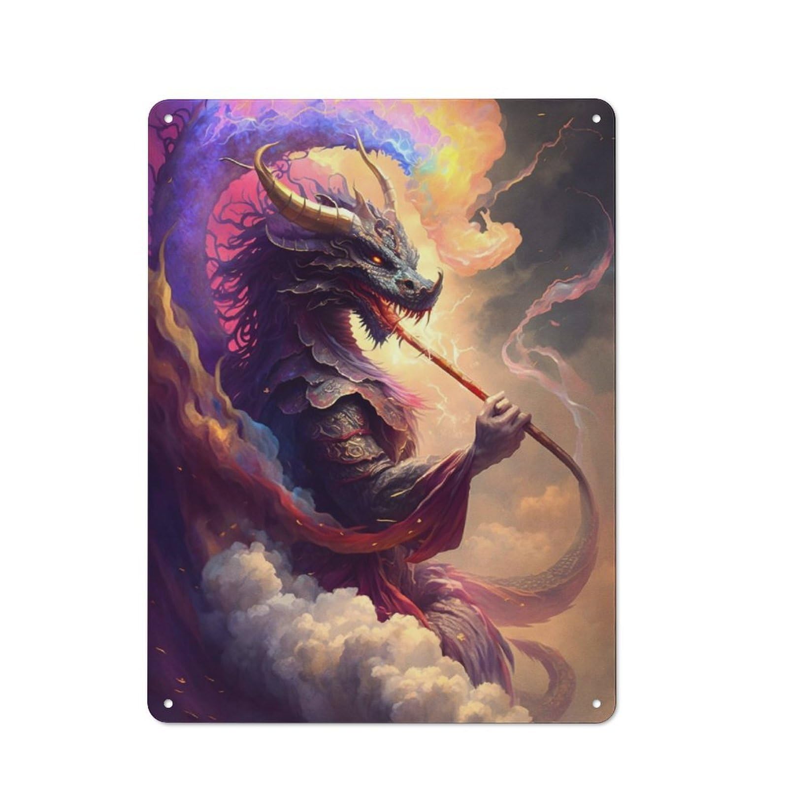 Junmoney Dragon Demon For Lounge Or Reading Corner, Rustic Tin Sign 40X30cm, For An Autumn Update To Lounge And Reading Corner