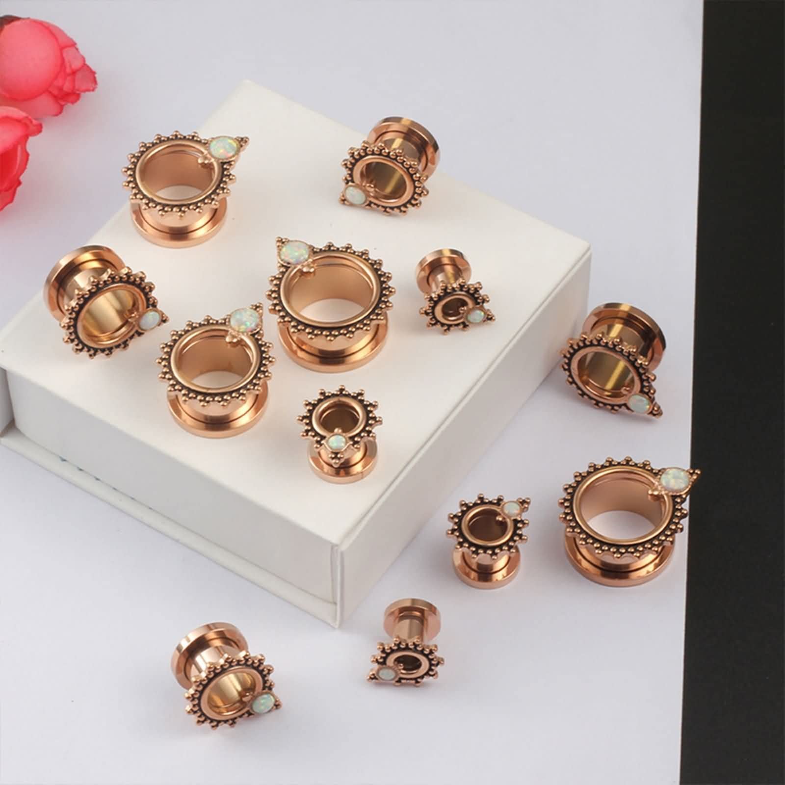 Daesar Tunnel Piercing 6-25MM, Ohr Plug Set Vintage Blume mit Opal Ohrringe Damen Expander Edelstahl
