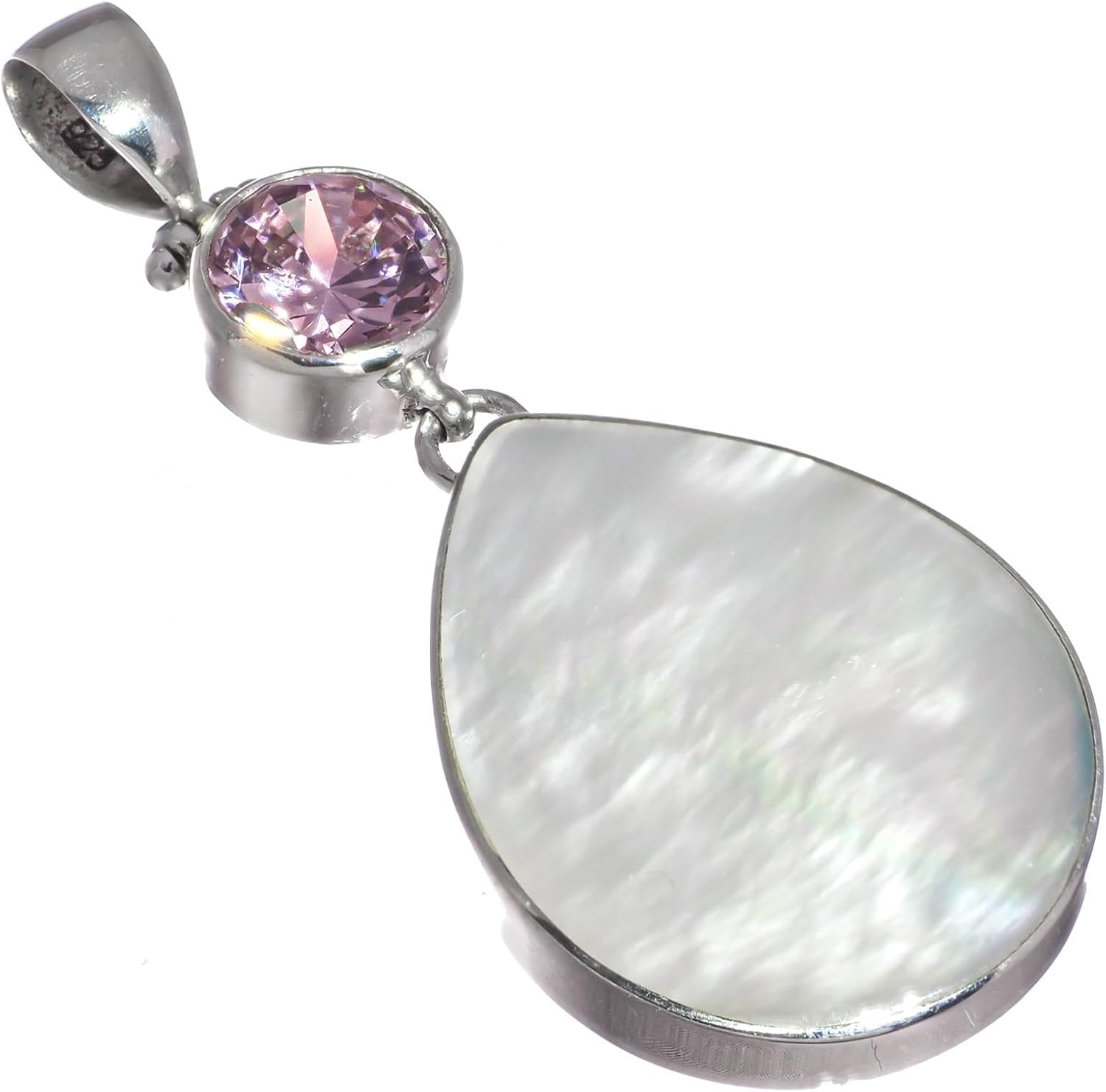 FifiRose Pear White Mother Of Pearl Shell Pink Cubic Zirconia 925 Sterling Silver Pendant, 2 1/4"