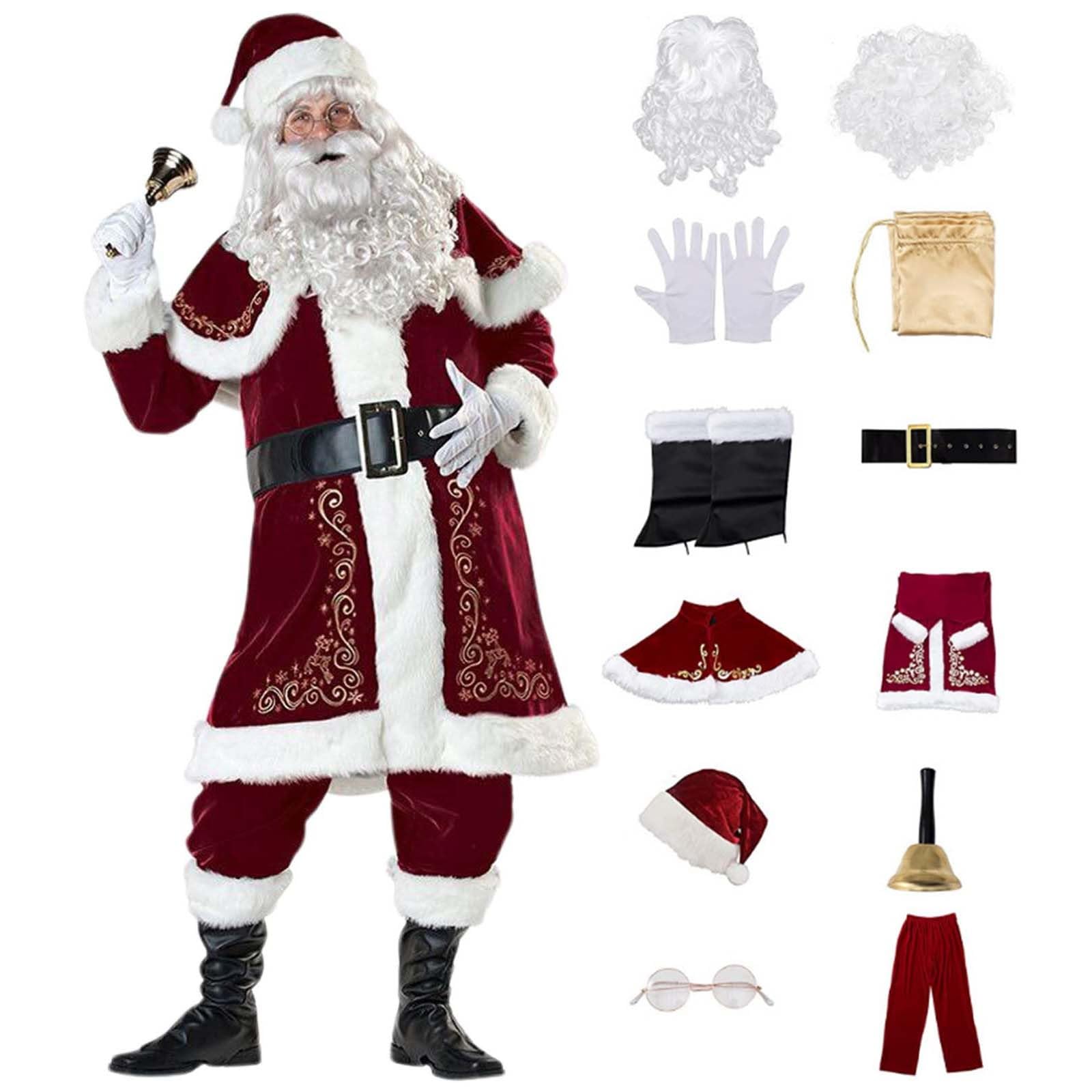 12pcs Costume de père noël Ensemble de noël Grande Taille Costume de père noël en Velours de Luxe pour Hommes Adultes Adolescent Tenue de Père Noël