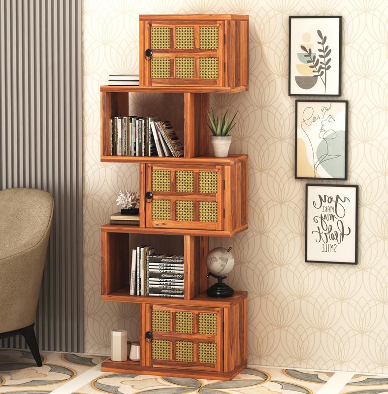 Image of Solid Sheesham Wood 5-Layer Ladder Bookshelf with Zig-Zag Design with 2 Open Shelves & 3 Rattan Wicker Door Storage | Display Cabinet Floor Standing Bookcase for Office, Library (Honey Finish)