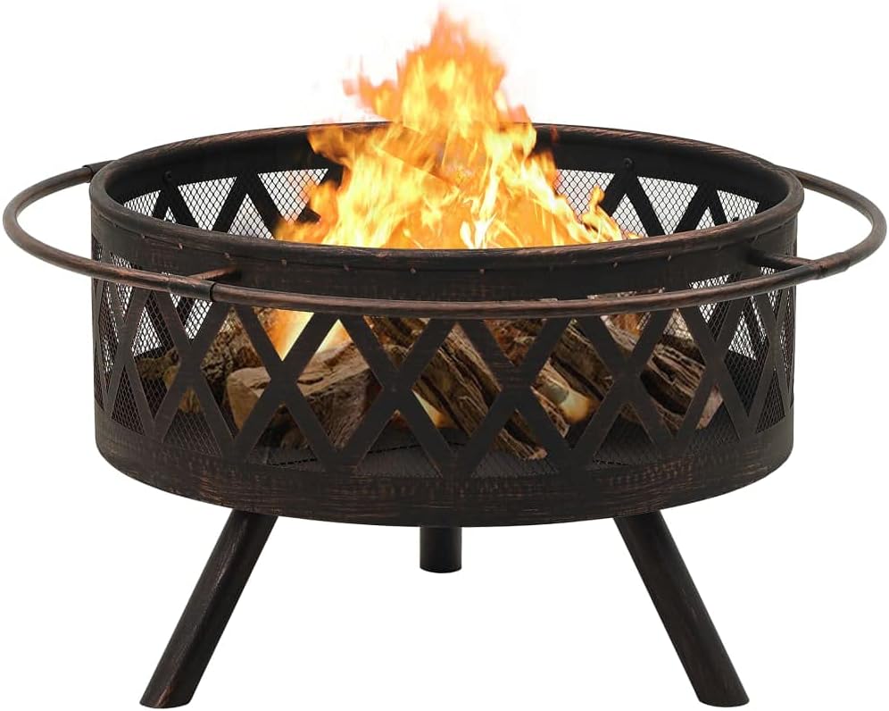 vidaXL Fire Pit, Firepit for Outdoor Patio Backyard Garden Deck, Fireplace with Poker, Firebowl for Camping Picnic BBQ, Industrial Style, XXL Steel
