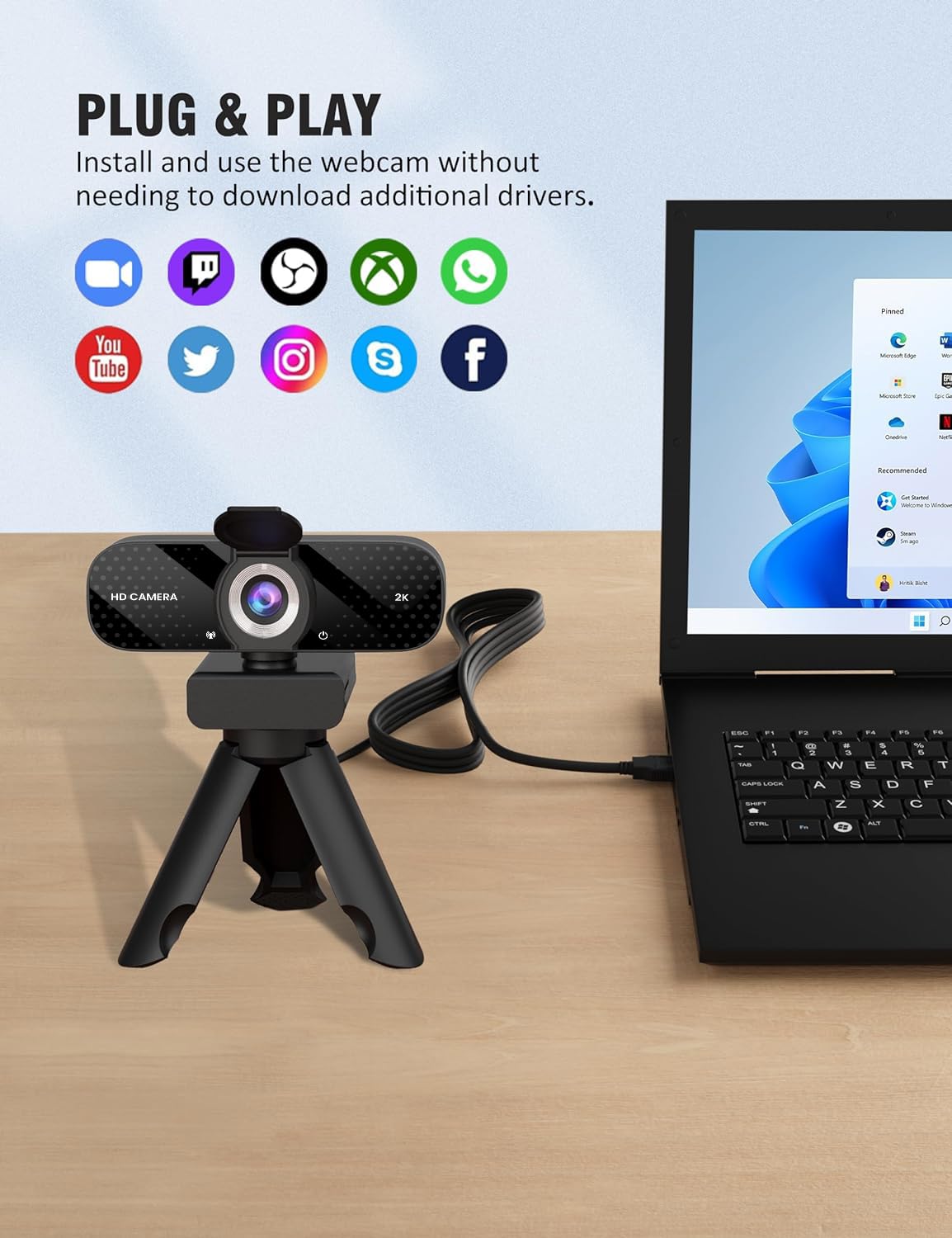 Amazon.co.jp: Webcam, Webcam, HD 2K, Built-in Microphone, Privacy