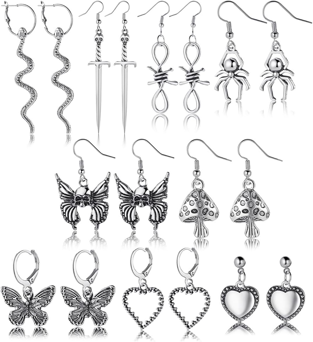 9 Pairs Halloween Earring Set for Women Punk Style Sword Spider Skull Moth Mushroom Dangle Drop Earrings Vintage Snake Butterfly Heart Hoop Earrings Grunge Y2k Emo Earring Halloween Party Jewelry