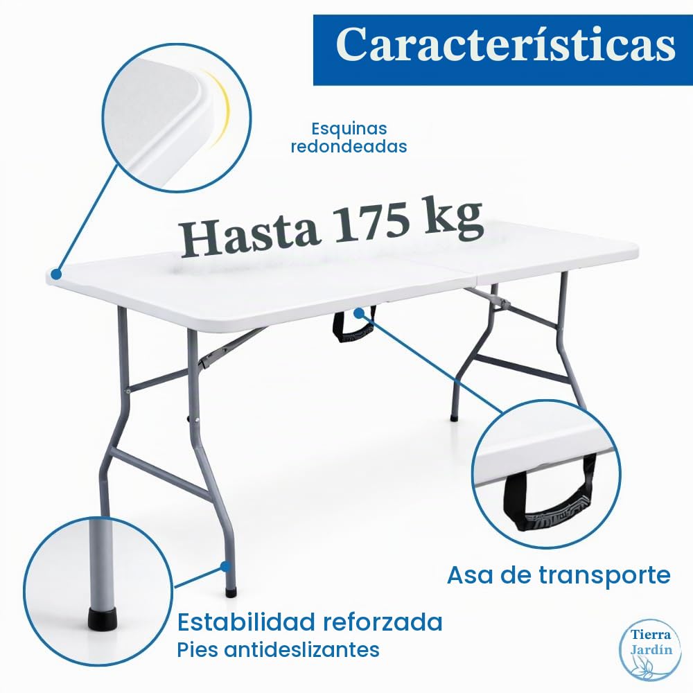 TERRE JARDIN Mesa De Jardín Plegable 180 cm para 8 Personas Polipropileno