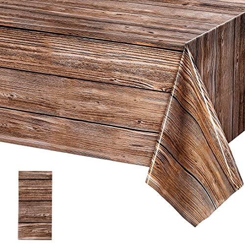 Image of Tatuo 1 Pack Natural Wood Grain Tablecloths Rustic Plastic Table Covers for Rectangle Table, Vintage Farmhouse Style Tablecloth Decorations for Western Barn Themed Birthday, 54 x 108 Inch (Brown)