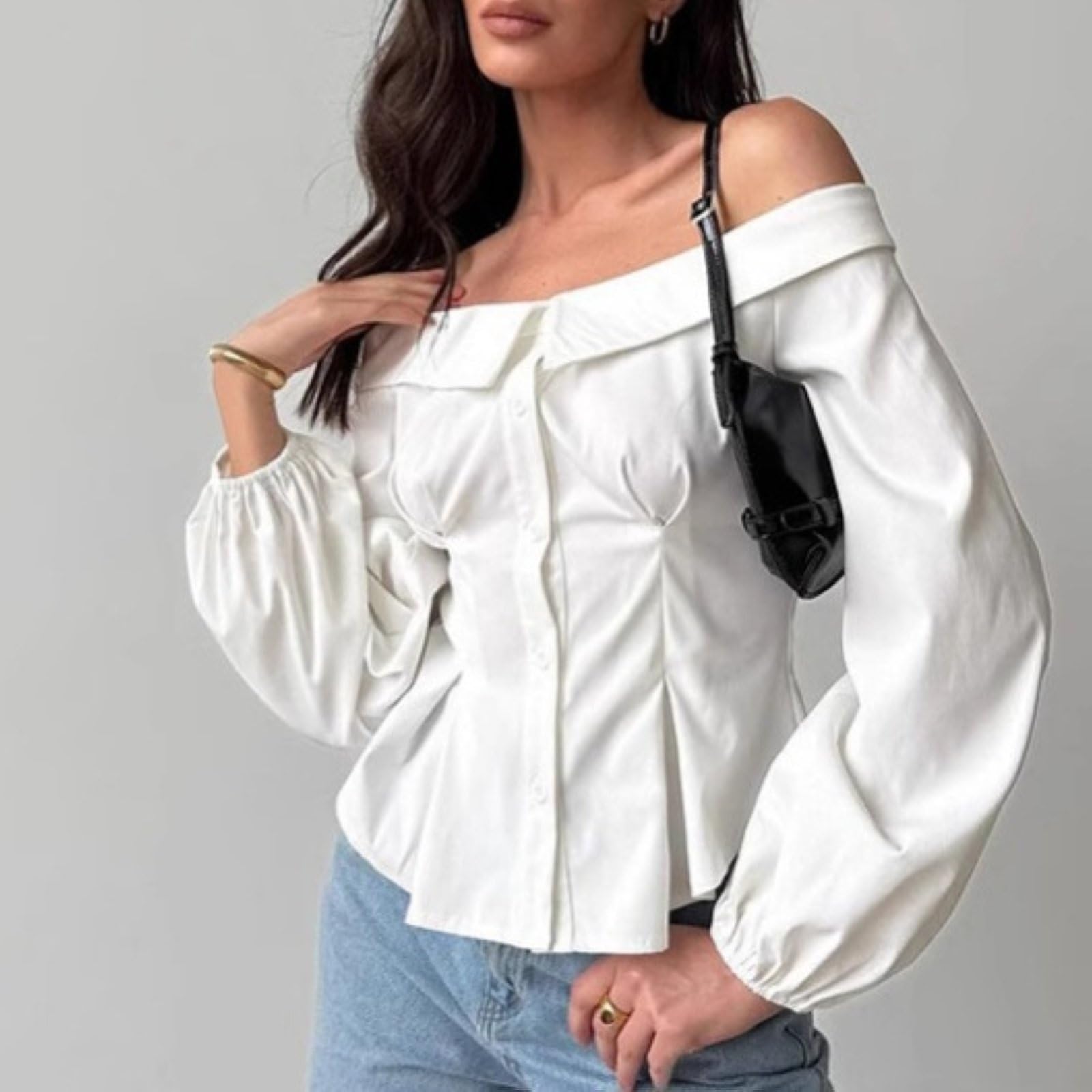 Damskie Seksowne Topy Z Odkrytymi Ramionami SkłAdają Się Slim Fit Jednolity Kolor DłUgi RęKaw Eleganckie Bluzki WyjśCiowe