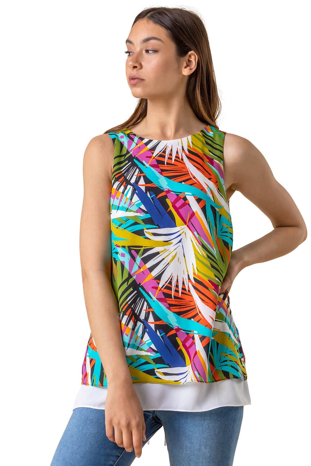 Roman Originals Women Tropical Leaf Print Layered Top - Ladies Spring Everyday Summer Holiday Round Neck Soft Sleeveless Comfy Double Hem Loose Shirt Vacation Blouses