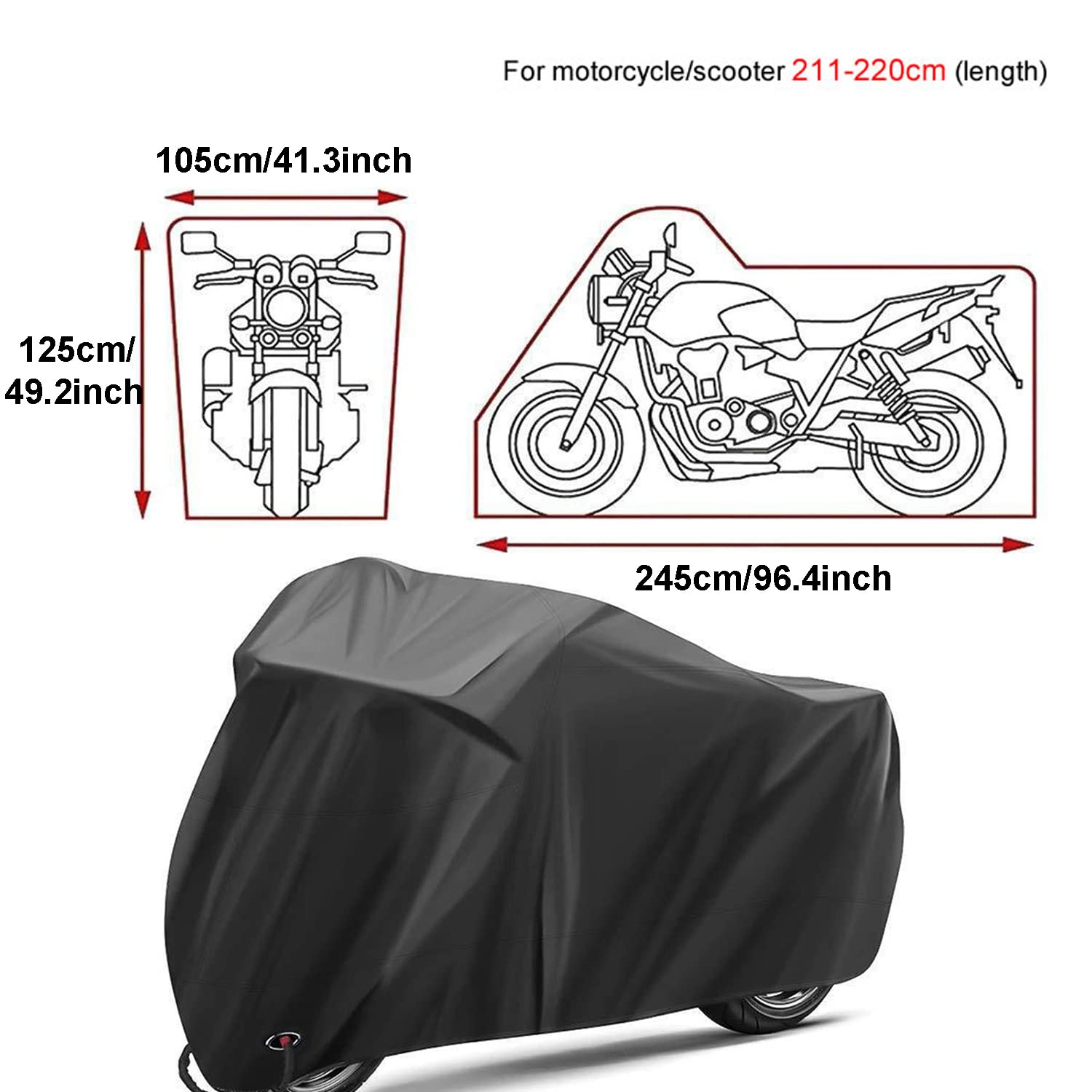 Motorradabdeckung Motorradabdeckungen Motorrad Garagen Roller Abdeckplane Abdeckhaube Schutzhülle XXL 190T Oxford Stoff Motorradplane Wasserdicht Motorradgarage Schwarz 245 x 105 x 125 cm
