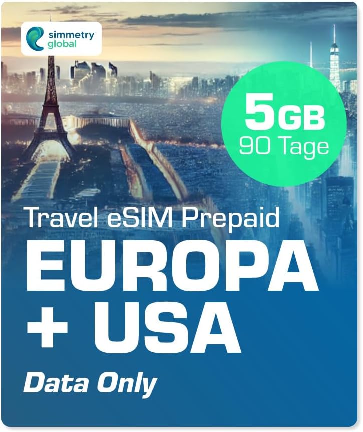 Simmetry Europe & US Data eSIM 5GB 90 Day Compatible with eSIM Enabled iOS and Android Devices Hotspot Sharing Allowed Ideal for Long Trips or Long-Lasting Use