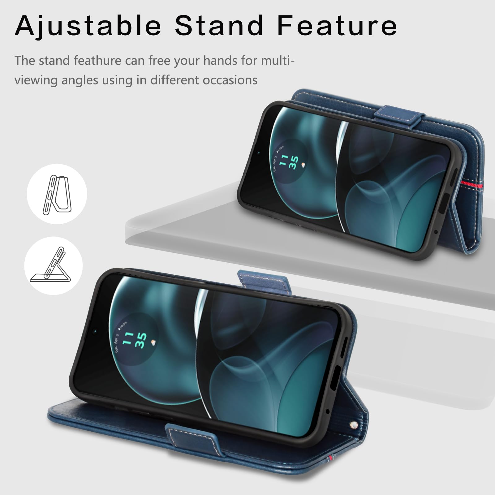 Cover Motorola Moto G14 In Pelle PU A Libro Con Porta Carte E Supporto - Custodia Magnetica Blu - 3