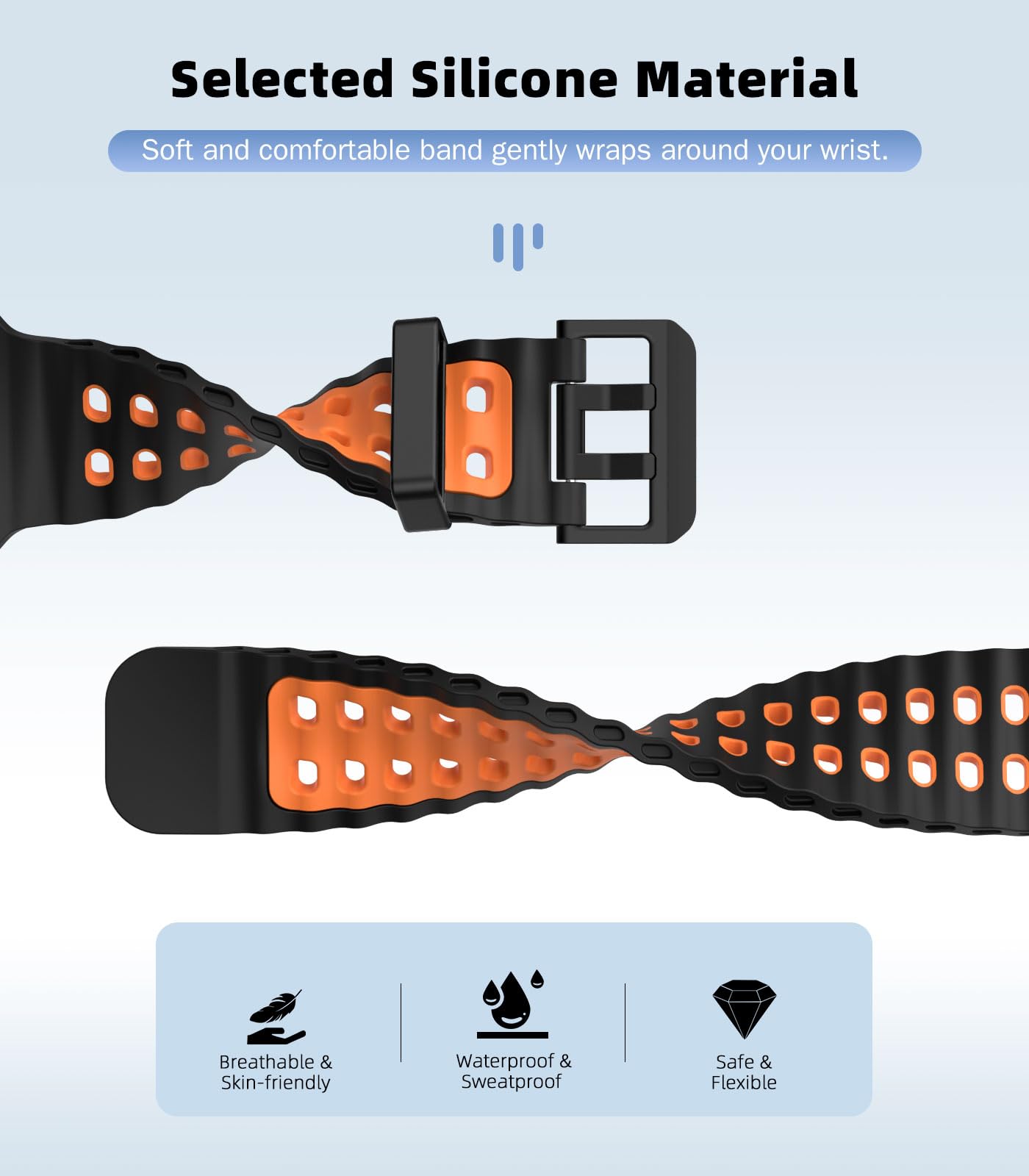 Breathable Ocean Strap Compatible with Apple Watch Ultra 2/Ultra 49mm,Series 10 46mm,9/8/7 45mm,SE2/SE/6/5/4 44mm,3/2/1 42mm, Silicone Watch Band Sport Strap for Men Women, Black/Orange