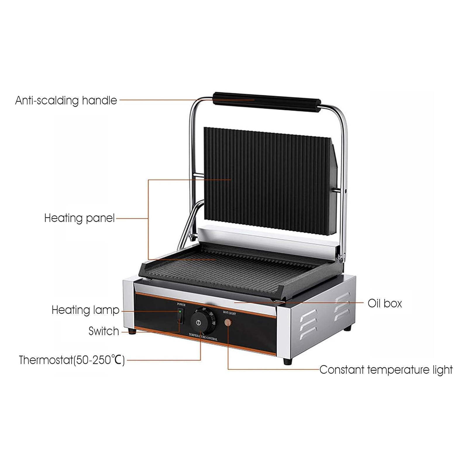 Parrilla De Prensa De Sándwich Comercial, 220 V, Máquina De Prensa Eléctrica Panini, 122.0-300 ℃, Control De Temperatura Ajustable, Superficie Antiadherente, Placas Planas Dobles, 3600 W, Tostadora P