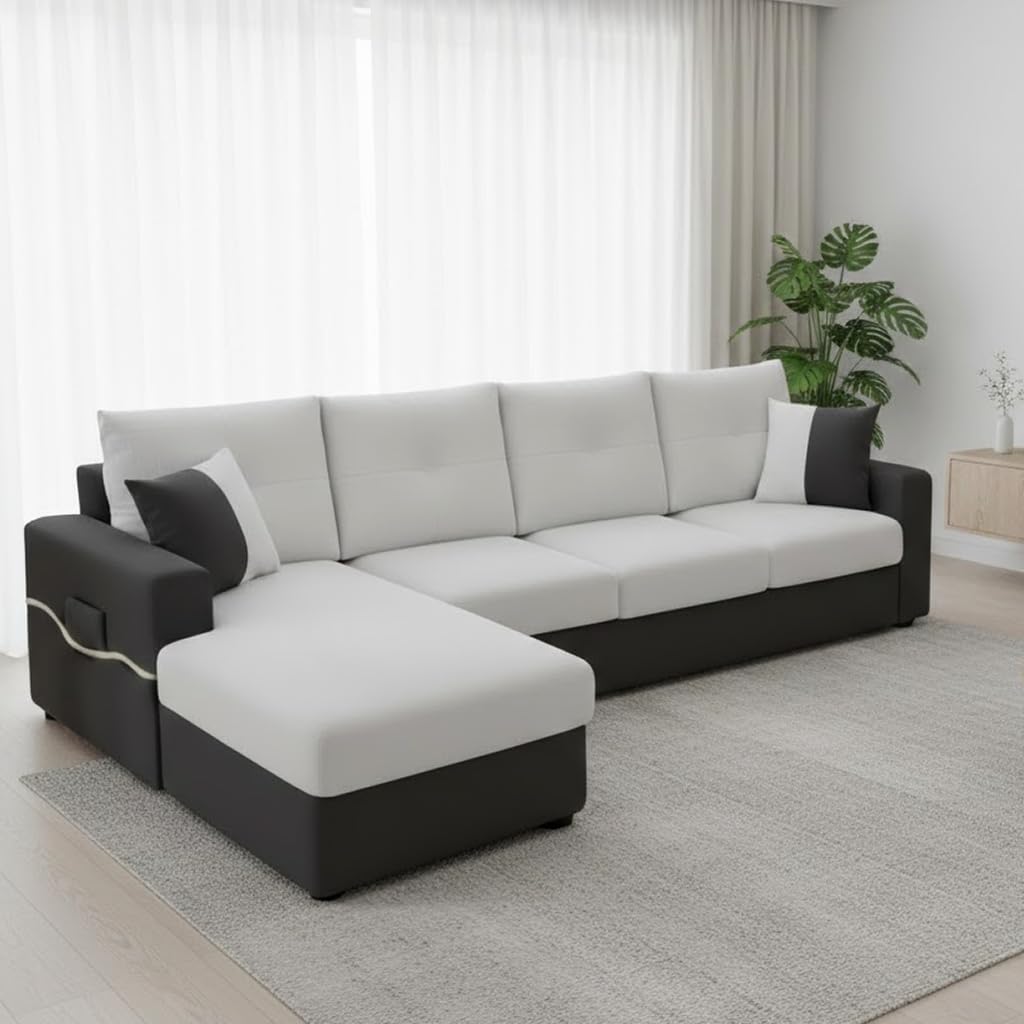 FURNY Astoria 5 Seater Fabric LHS L Shape Sofa Set (Light Grey-Dark Grey) Premium Velvet Finish | 5 Person Seating Capacity | Ideal for Living Room