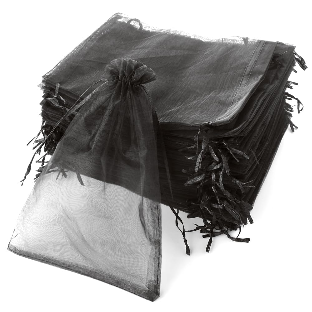 YFZYT 100 PCS Organza Gift Bags 20 x 30 cm Jewelry Pouches Sackli Drawstring large Bag Wedding Mesh Candy Favour Bags for Christmas Party Wedding Birthday Candy Chocolate (Black)