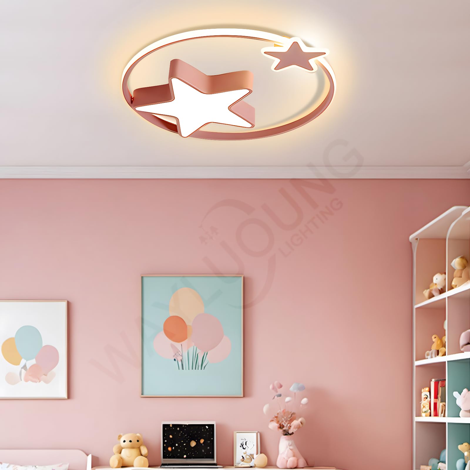 Luz De Techo LED Rosa | Lámpara Infantil Redonda Moderna | Star Starry Sky Niños Luz | Ø55cm 48W | Regulable Con Control Remoto 2700K-6500K | Habitación Infantil Niños Niñas De Techo Dormitorio