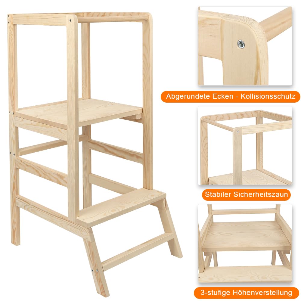 Montessori Lernturm aus Holz, platzsparend: Klappturm, Hocker für Kinder, faltbare Leiter für Kinder, mit Kippschutz, 90 x 52 x 39 cm, Originalfarbe