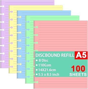 Junior Size Refill Paper, A5 Loose Leaf Paper, TUL Custom Memo Taking System Disc Bound Notebook Planner Insert, 5 Colors 20 Sheets/C, Total 100 Sheets/200 Pages, College Ruled, 5.5 X 8.5 Inches