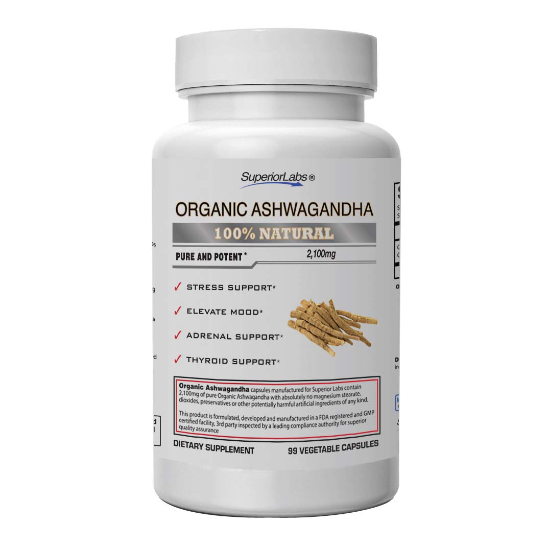 Superior Labs - Organic Ashwagandha Capsules - Extra Strength 2100mg - Black Pepper Extract for Superior Absorption - Mood Elevator - Adrenal and Thyroid Support - Dietary Supplement for Relaxation