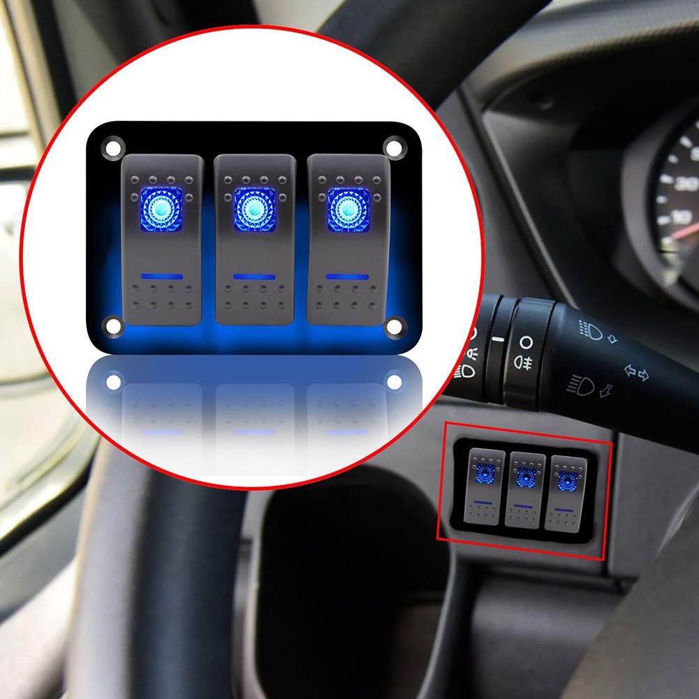 Geloo Panel de Interruptores de 3Gang Universales de Aluminio de 12V Interruptor Basculante Precableado 5 pines Encendido/Apagado Azul LED Retroiluminados