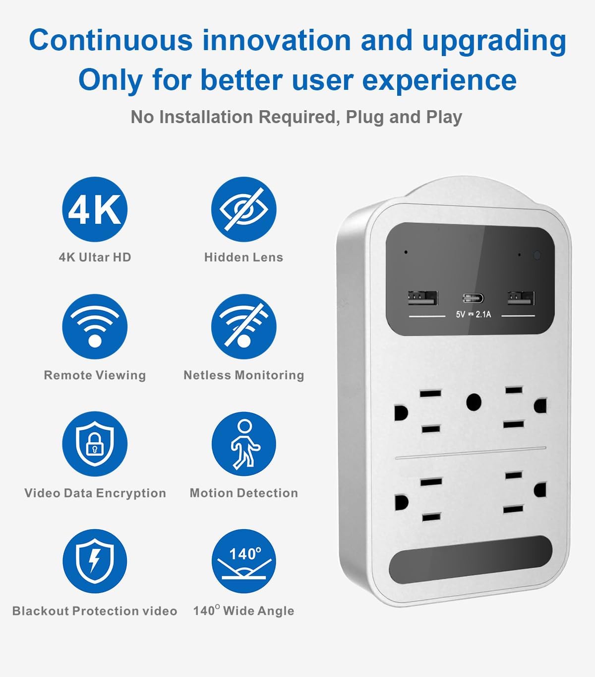 160° Wide Angle 4K HD Charger Camera,Security Indoor Camer a,Outlet Cameras,Nanny Camera for Home/Office/Pet/Indoor,Camera Outlet with Motion Detection,Pet Monitor Cameras (CAM WHH)